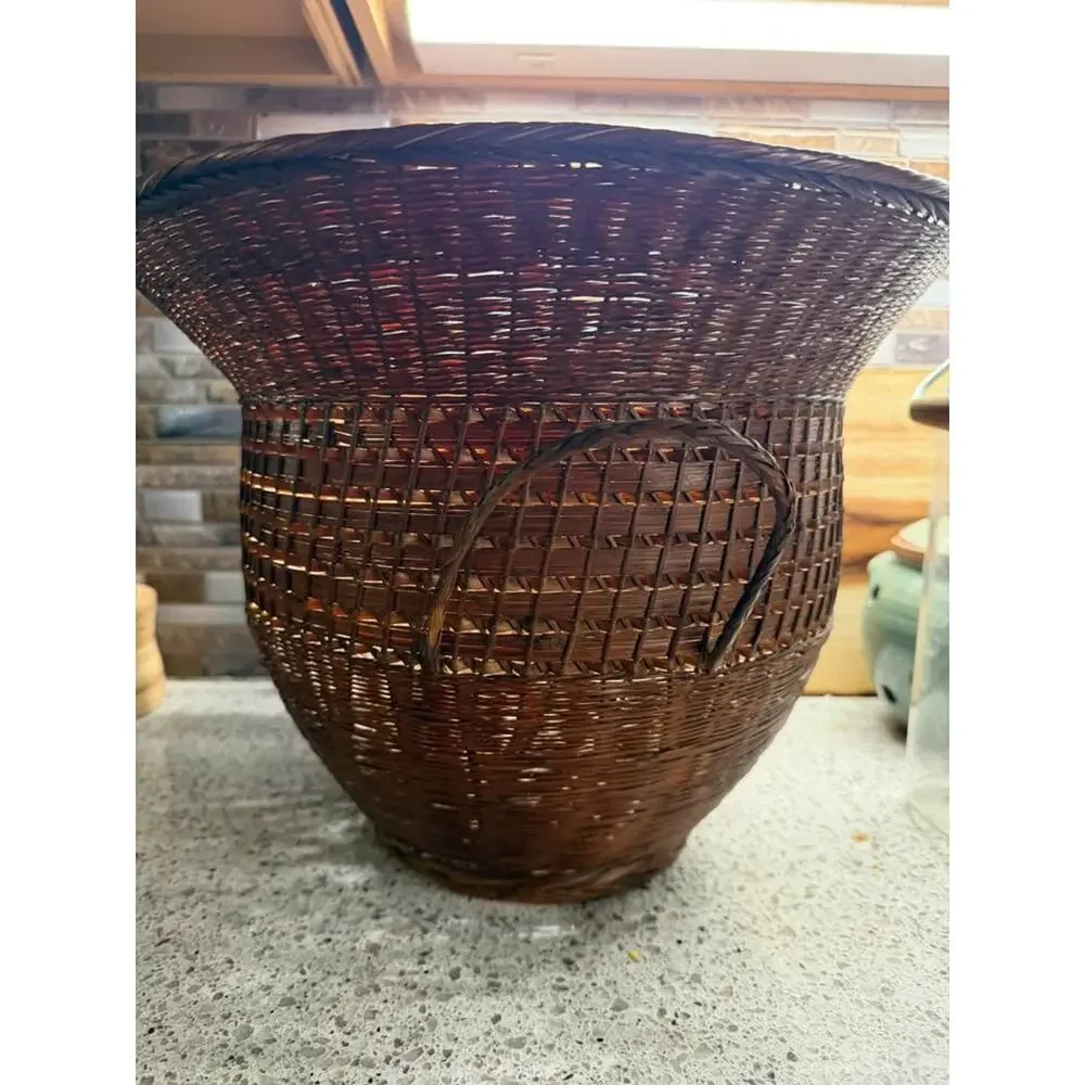 Large Handwoven Wicker Basket Planter | Boho Basket with Handles | 11” x 11”